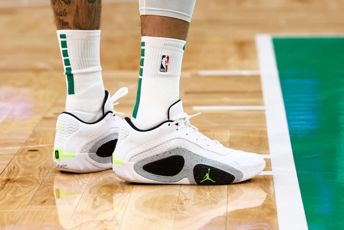 Boston Celtics forward Jayson Tatum's white and black Jordan Brand sneakers.